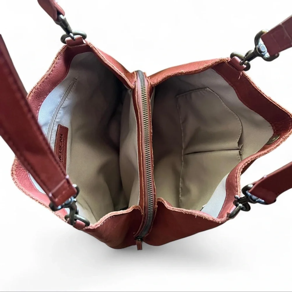 🧡American Leather Co. Austin Triple Entry Bucket Hobo Bag in Brandy Brown - Picture 4 of 5